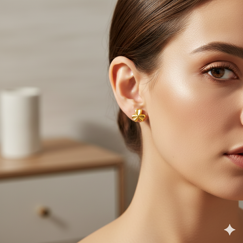 Close-up of a woman wearing gold earrings with a blurred background