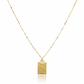 Gold necklace with a rectangular pendant on a white background