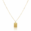 Gold necklace with a rectangular pendant on a white background