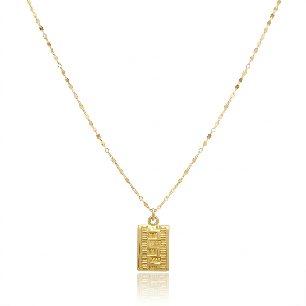 Gold necklace with a rectangular pendant on a white background