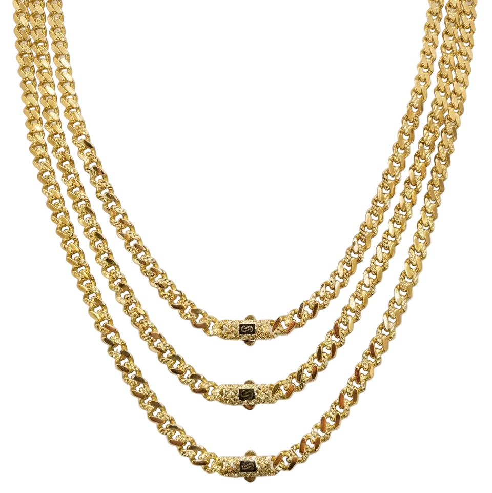 Three gold chains stacked on a white background