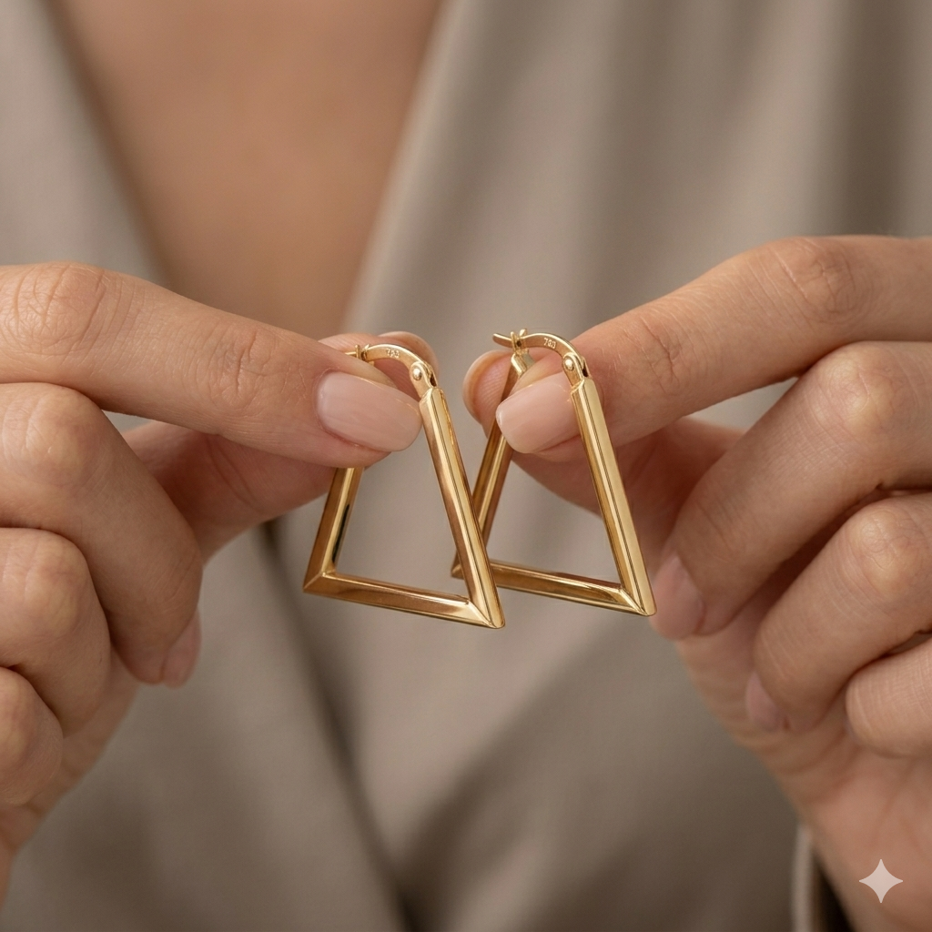 Gold triangle-shaped earrings held between two hands against a neutral background