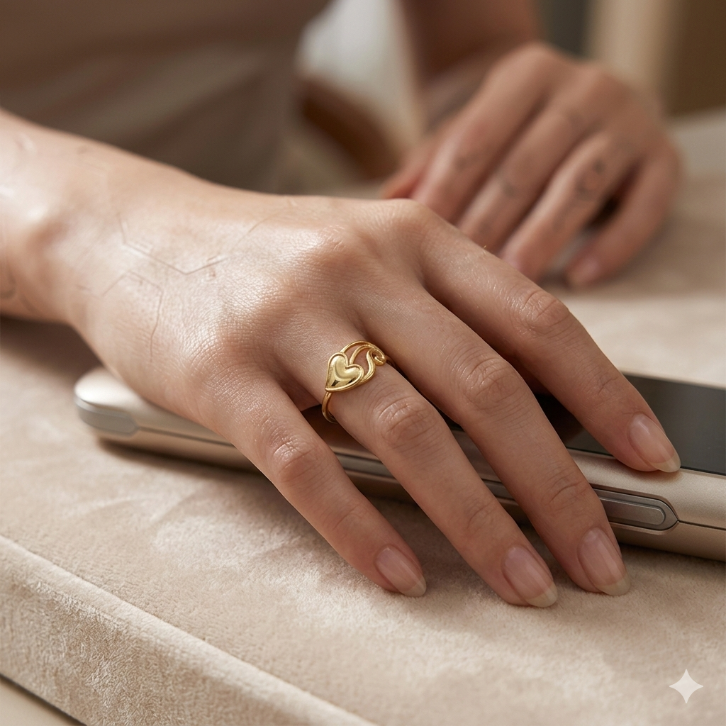 Hand wearing a gold ring on a beige surface with a blurred background