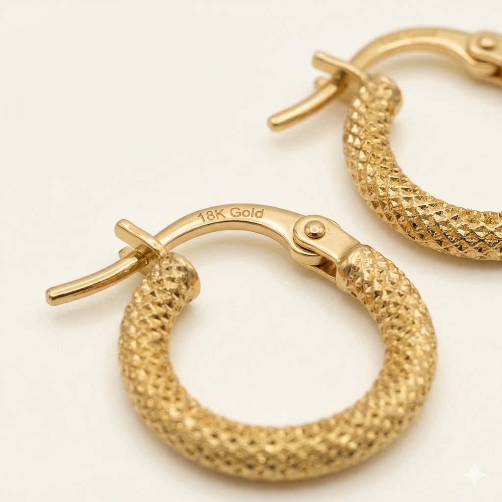 Gold hoop earrings on a light beige background