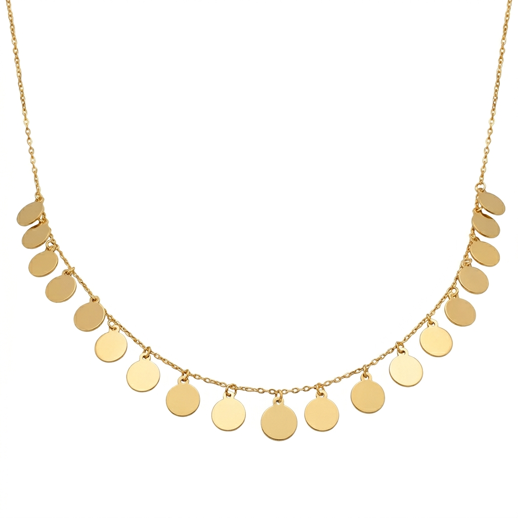Gold necklace with round pendants on a white background