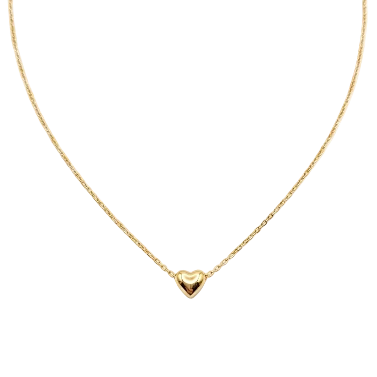 Gold heart-shaped pendant necklace on a white background