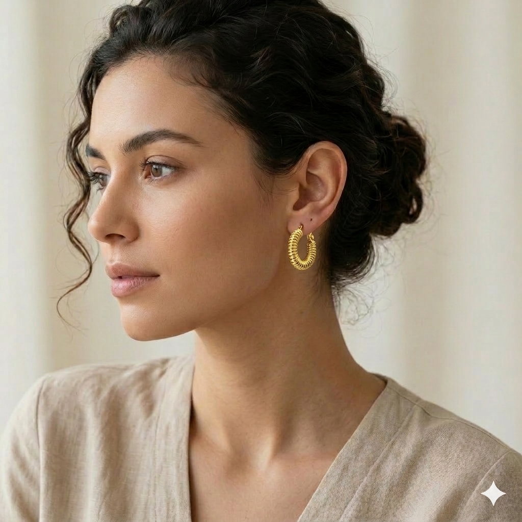 Woman wearing gold hoop earrings with a neutral background