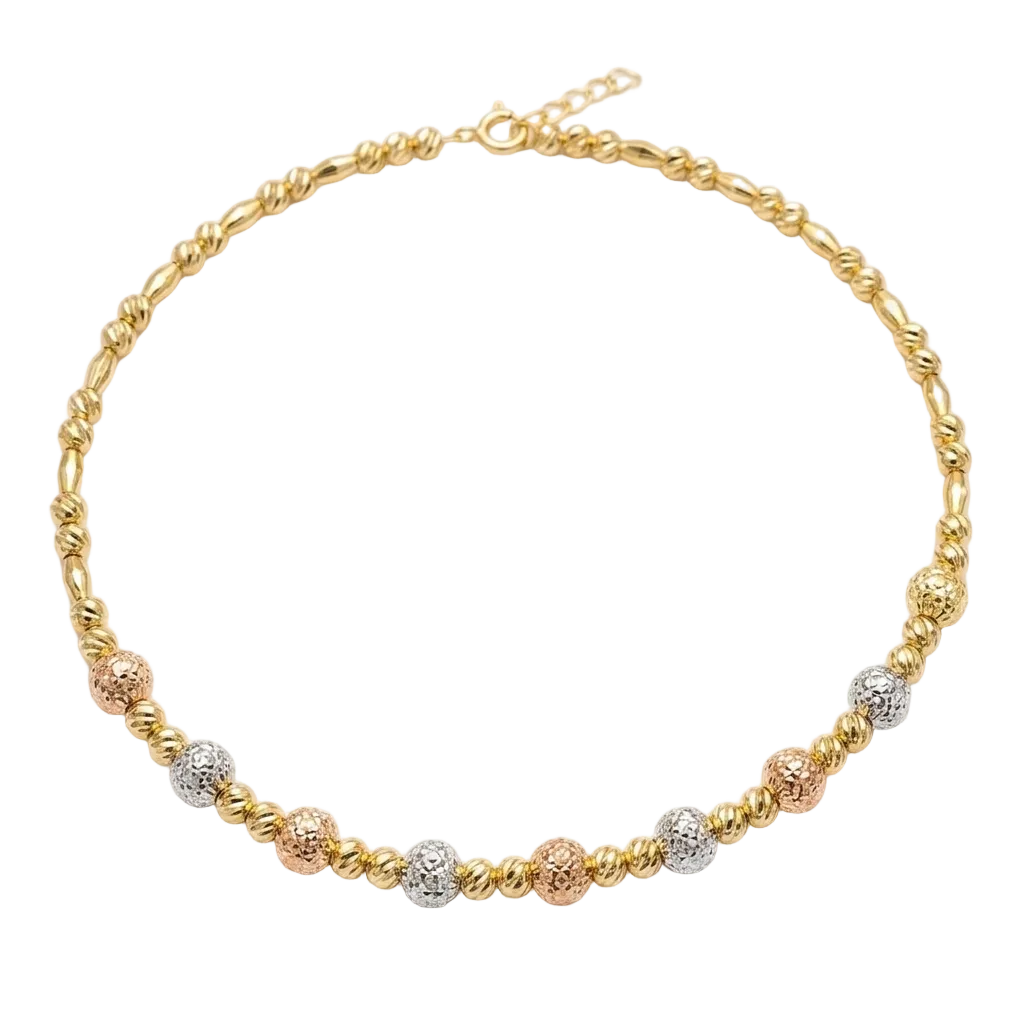 Gold, rose gold, and silver beaded necklace on a white background