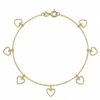Gold bracelet with heart-shaped charms on a white background