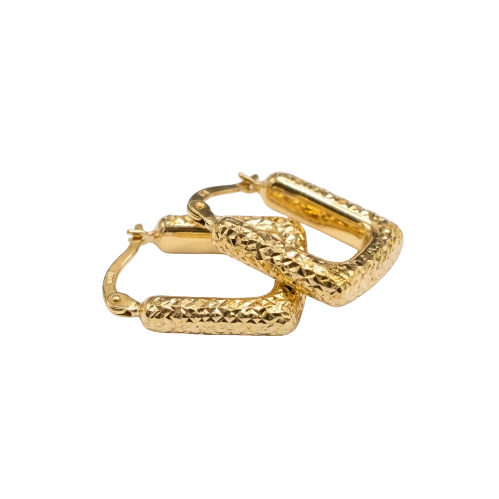 Gold hoop earrings with textured design on a white background