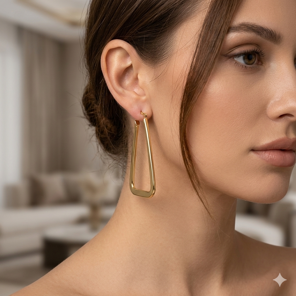 Close-up of a woman wearing gold hoop earrings with a blurred indoor background