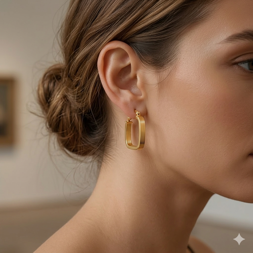 Close-up of a woman wearing gold hoop earrings with a blurred background