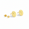 Gold stud earrings set with round and oval rose-engraved designs on white background