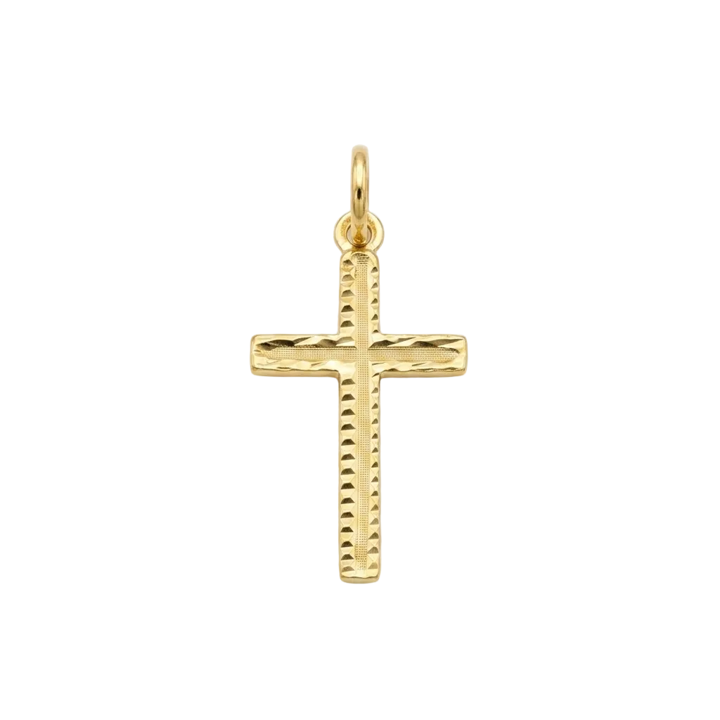 Gold cross pendant on a white background