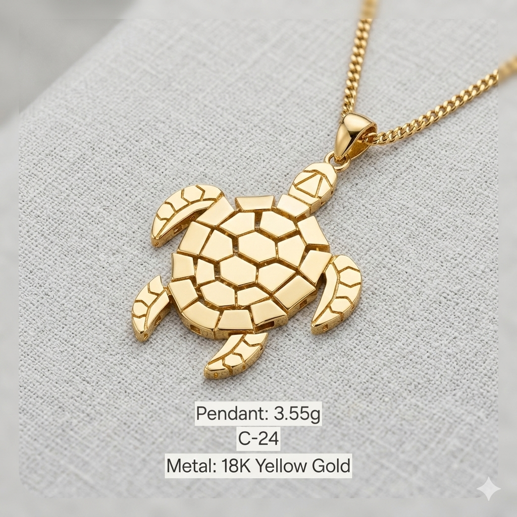 Gold turtle pendant on a chain with text indicating weight and metal type on a light gray background