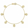 Gold bracelet with circular charms on a white background