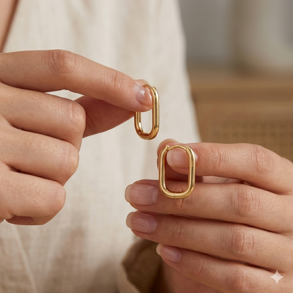 Gold hoop earrings held by a person against a neutral background