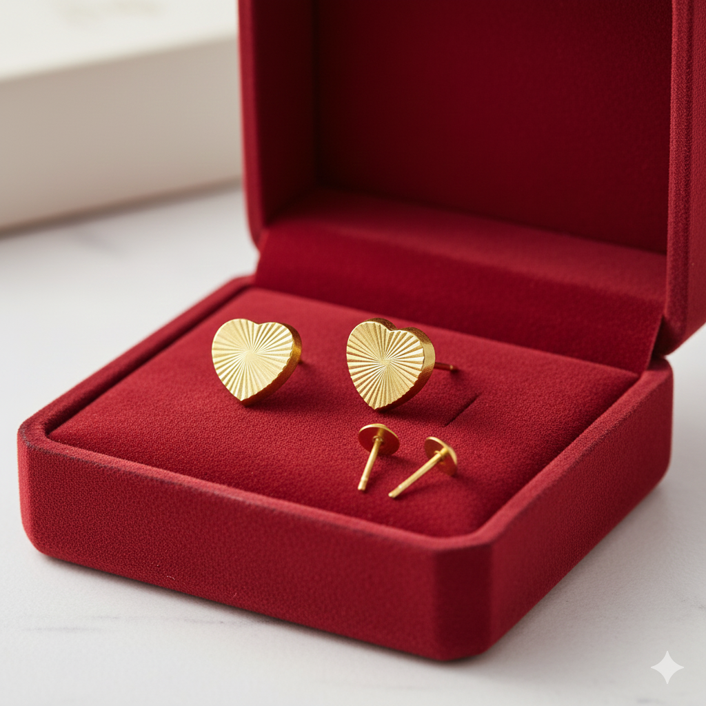 Gold heart-shaped stud earrings in a red jewelry box, elegant gold jewelry design