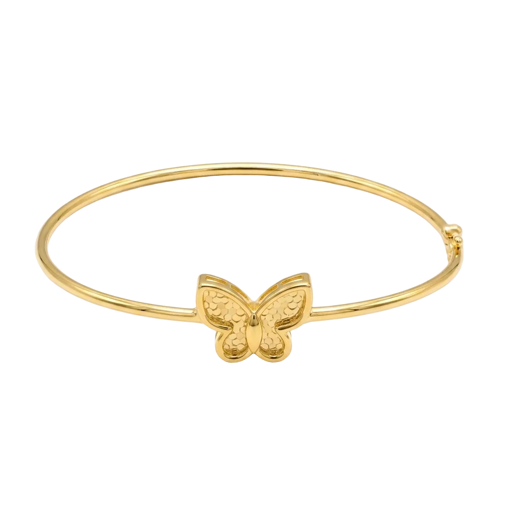 Gold bracelet with a butterfly charm on a white background