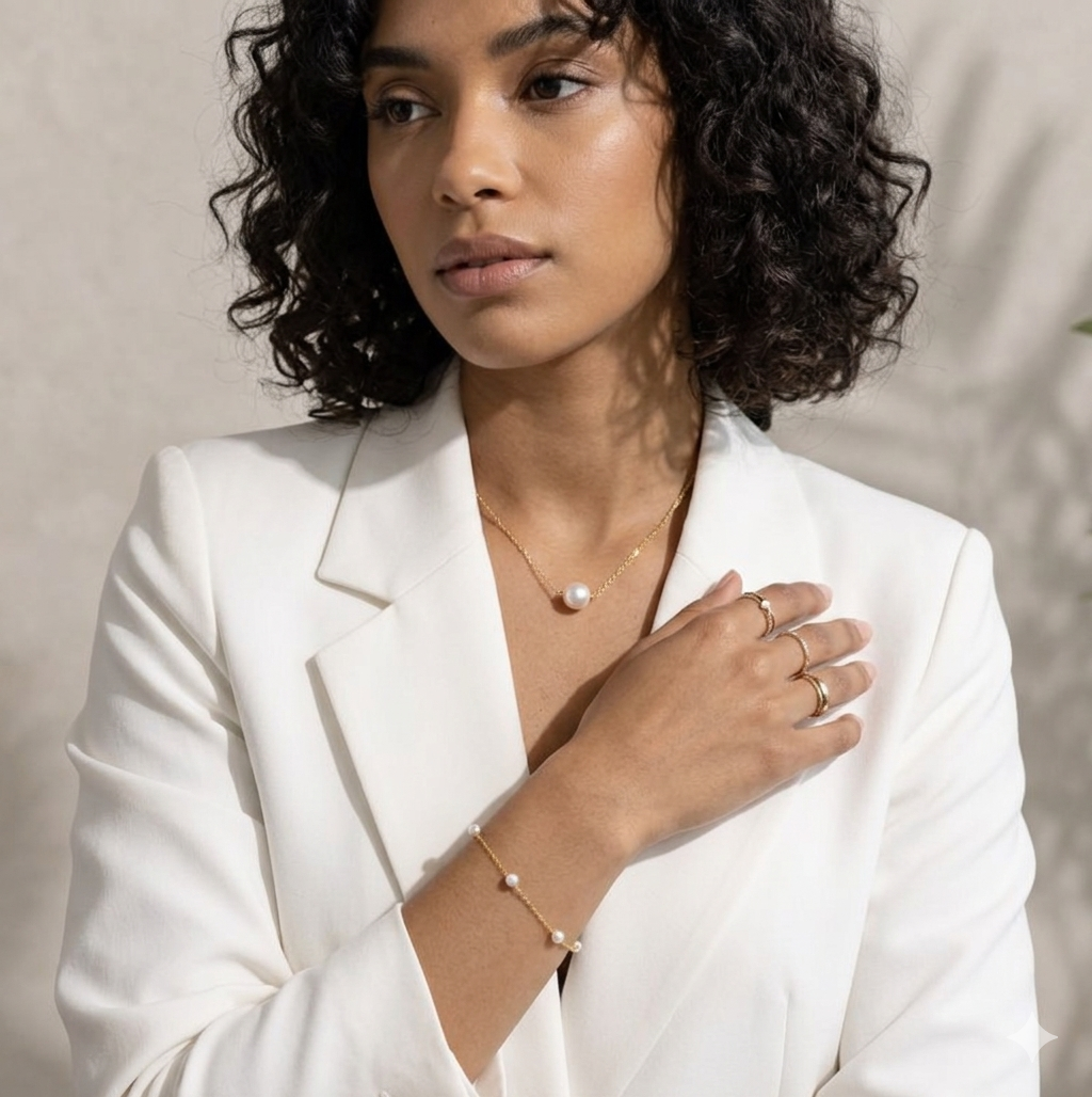 Woman wearing a white blazer with jewelry against a neutral background
