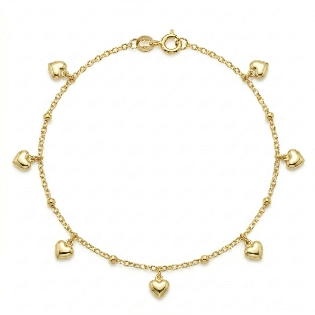 18k Gold Solid Heart Ball Anklet