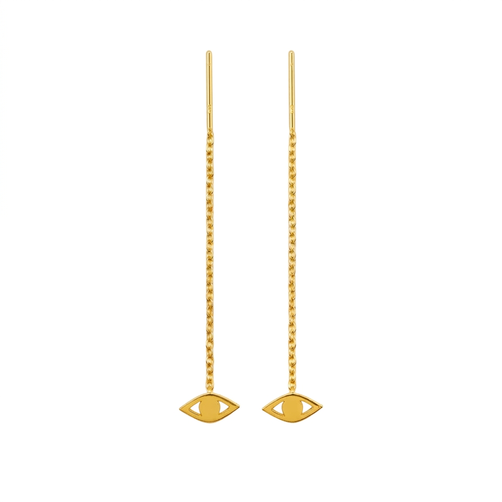 Gold chain earrings with eye-shaped charms on a white background