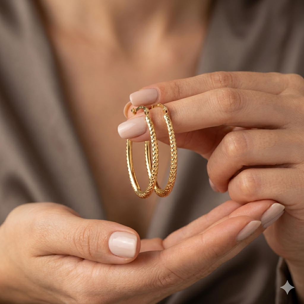 Gold hoop earrings held by a person with a neutral background