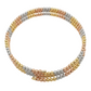 Three-strand beaded necklace with gold, silver, and rose gold beads on a white background