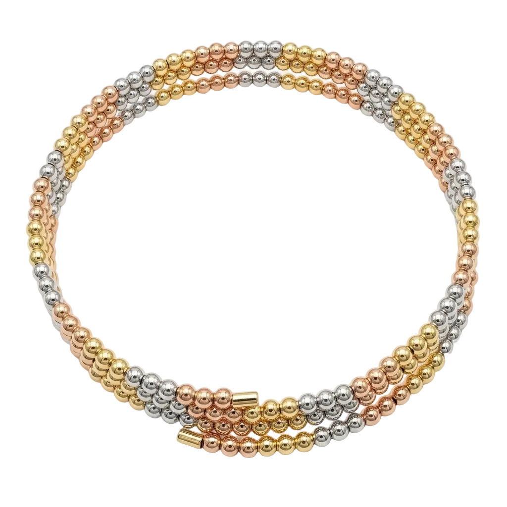 Three-strand beaded necklace with gold, silver, and rose gold beads on a white background