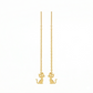 Gold cat-shaped earrings on thin chains against a white background