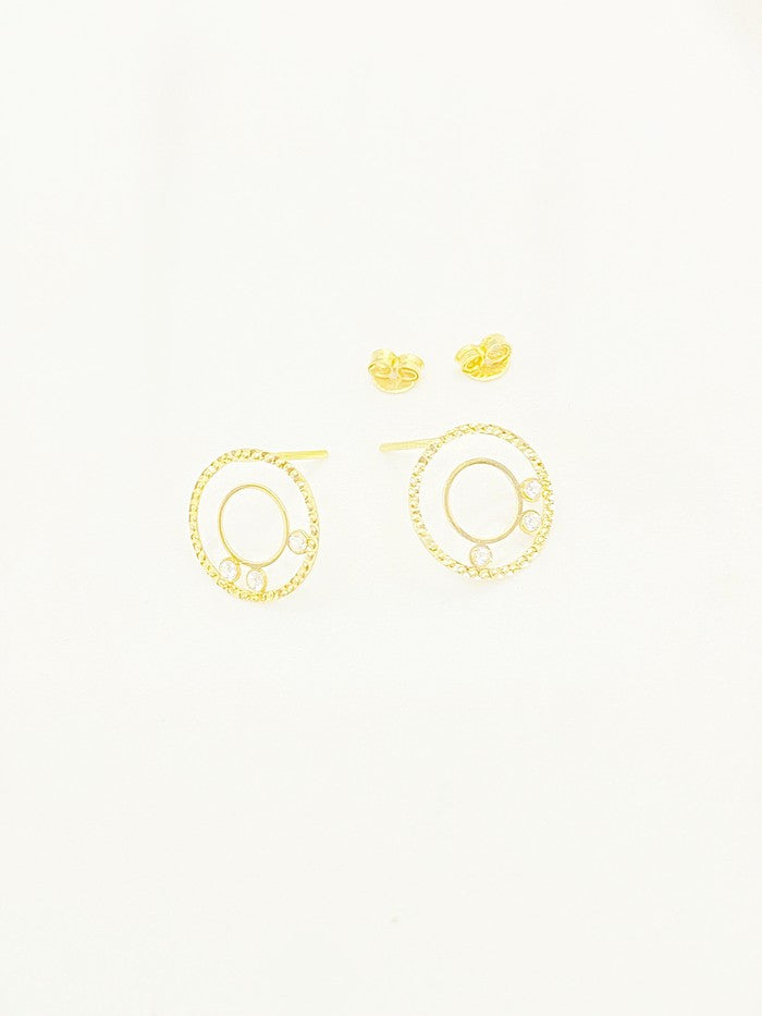 18K Real Gold 3 Stone Circle Earrings