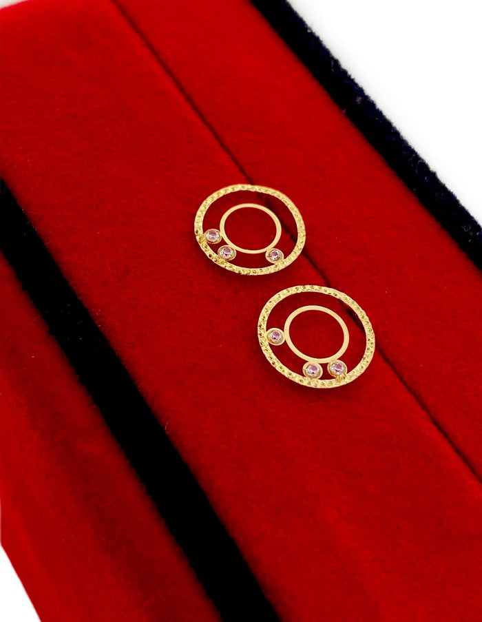 18K Real Gold 3 Stone Circle Earrings