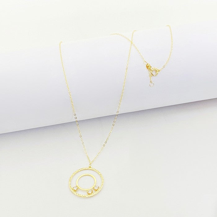 18K Real Gold 3 Stone Circle Necklace