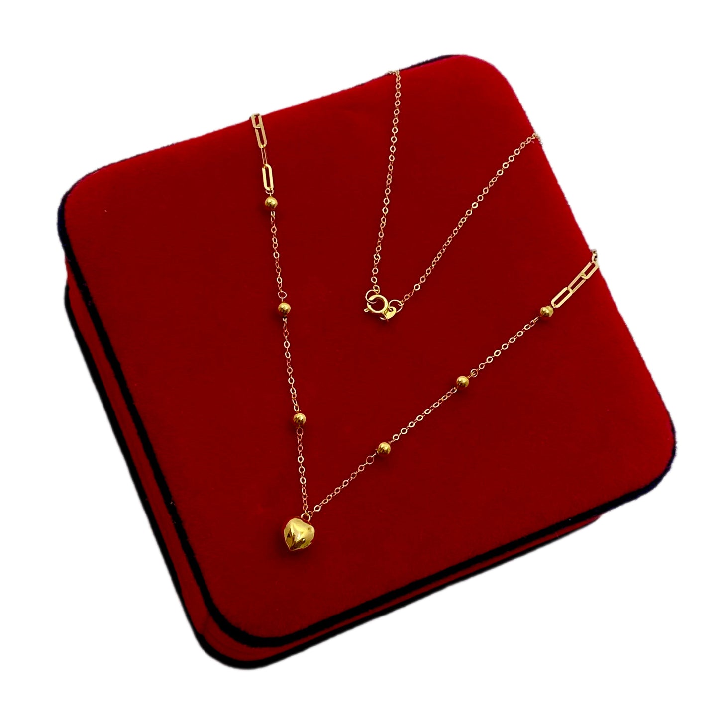 18K Real Gold Heart with Balls & Paper Clip Necklace - Embellish Gold
