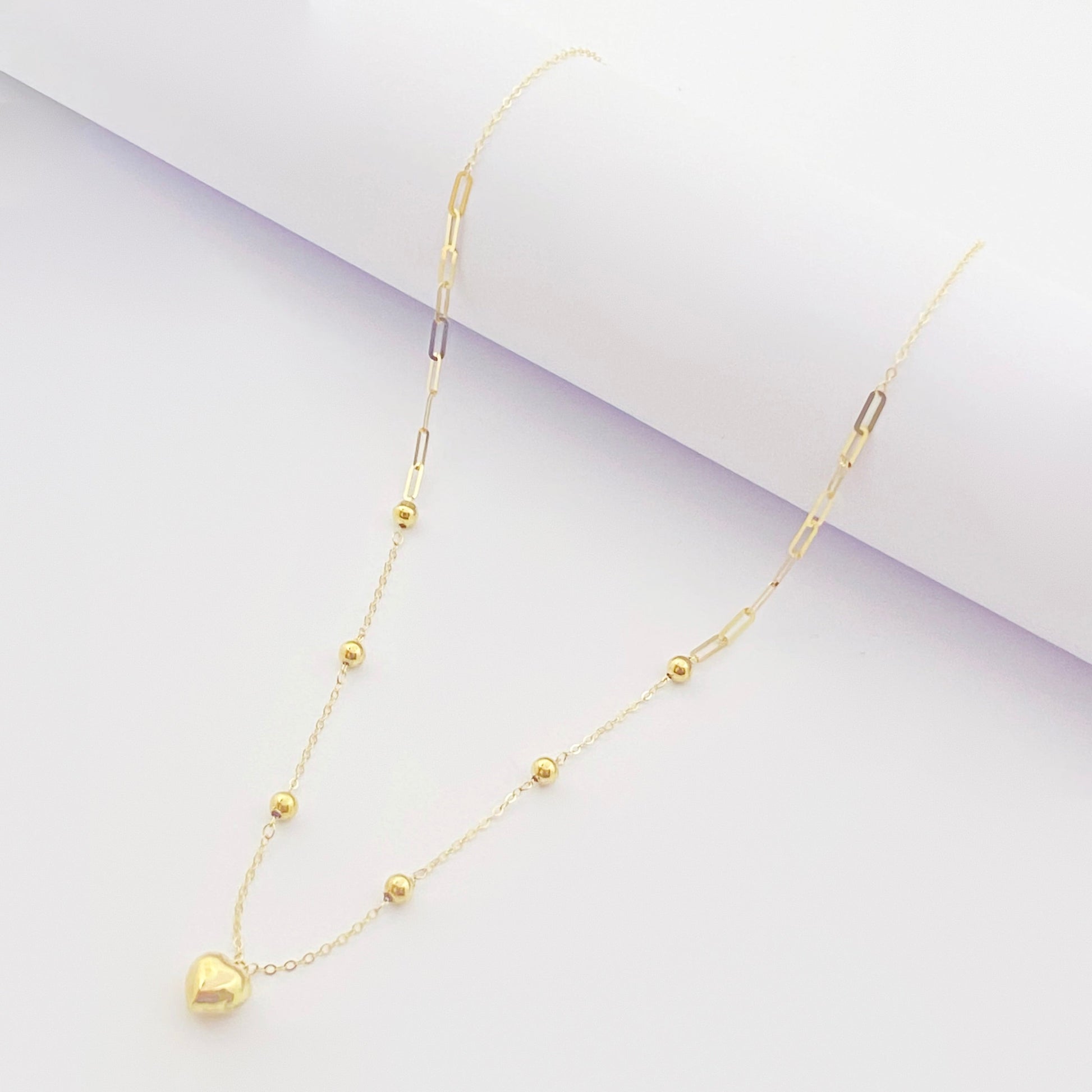 18K Real Gold Heart with Balls & Paper Clip Necklace - Embellish Gold