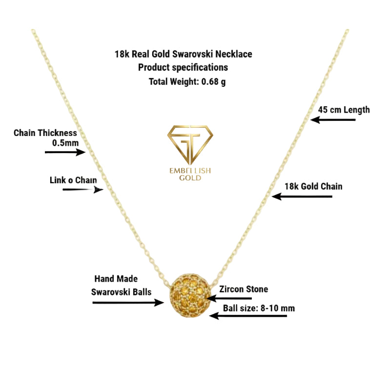 18k Real Gold Swarovski Necklace with product specifications on a white background