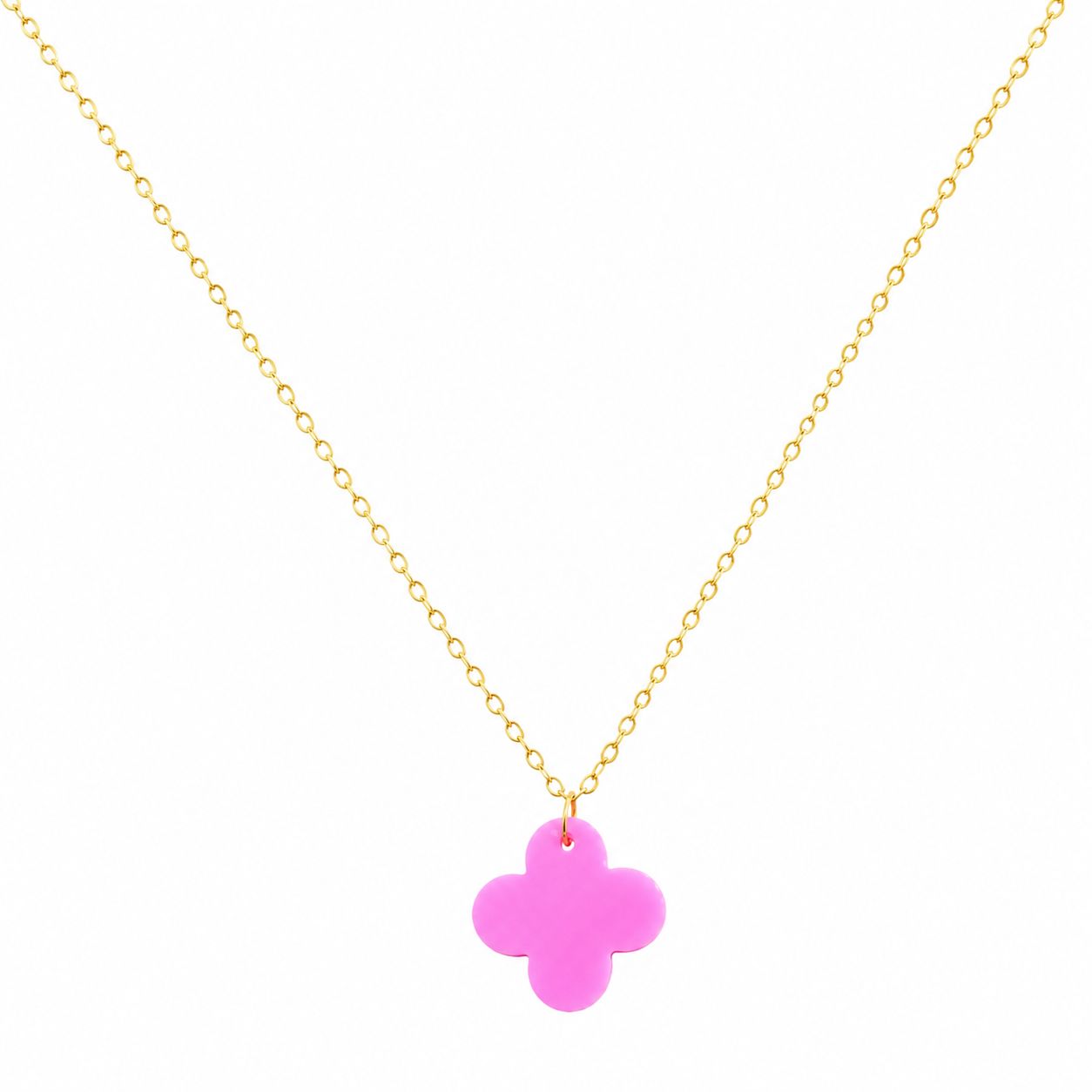 Necklace with a pink clover-shaped pendant on a gold chain against a white background