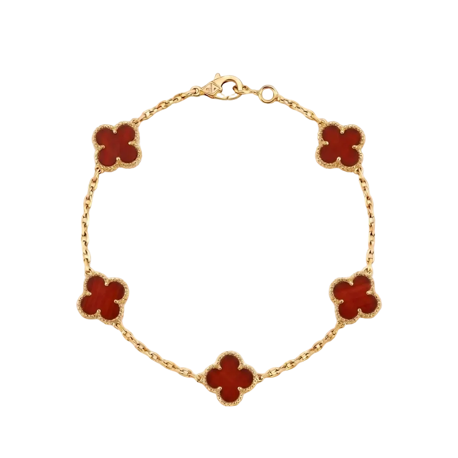 Gold bracelet with red clover-shaped charms on a white background