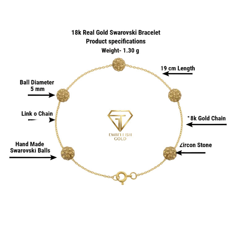 Gold bracelet with specifications labeled on a white background