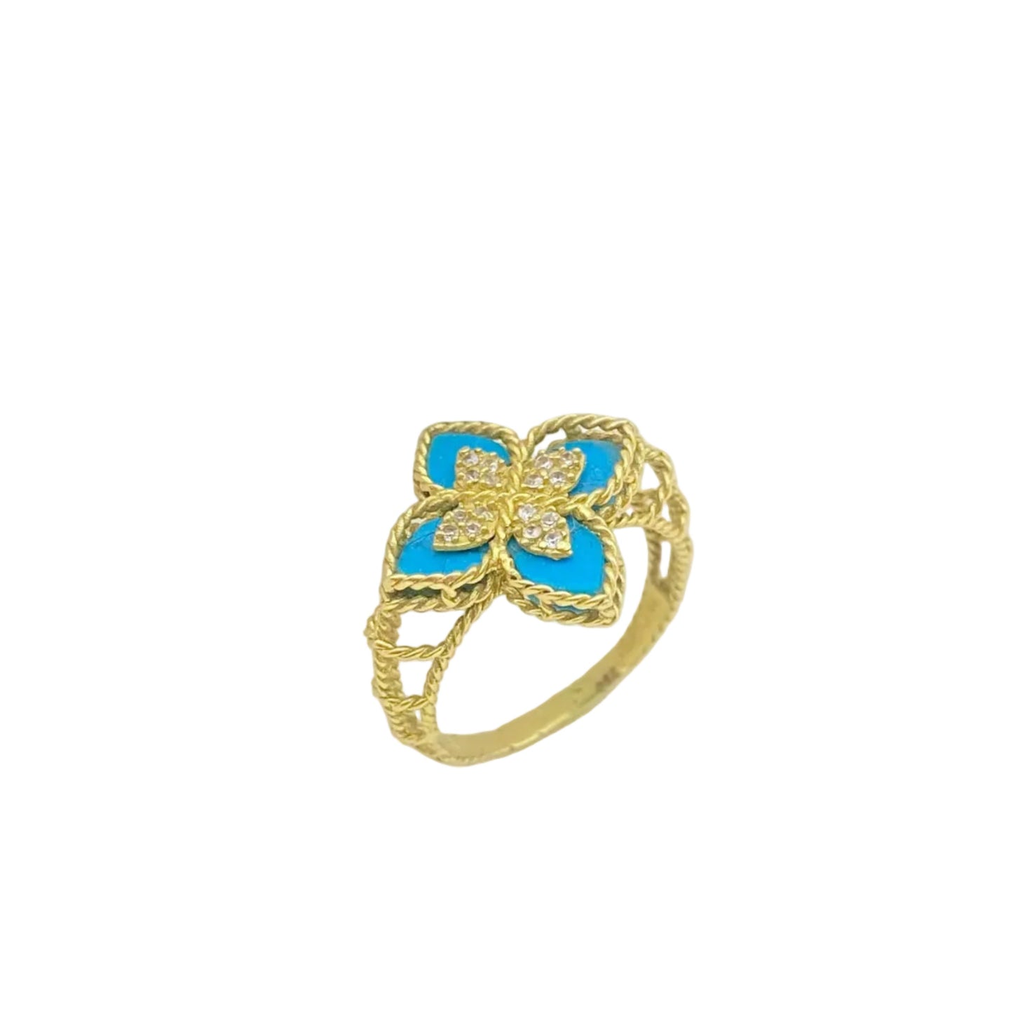 Gold ring with a blue flower design on a white background