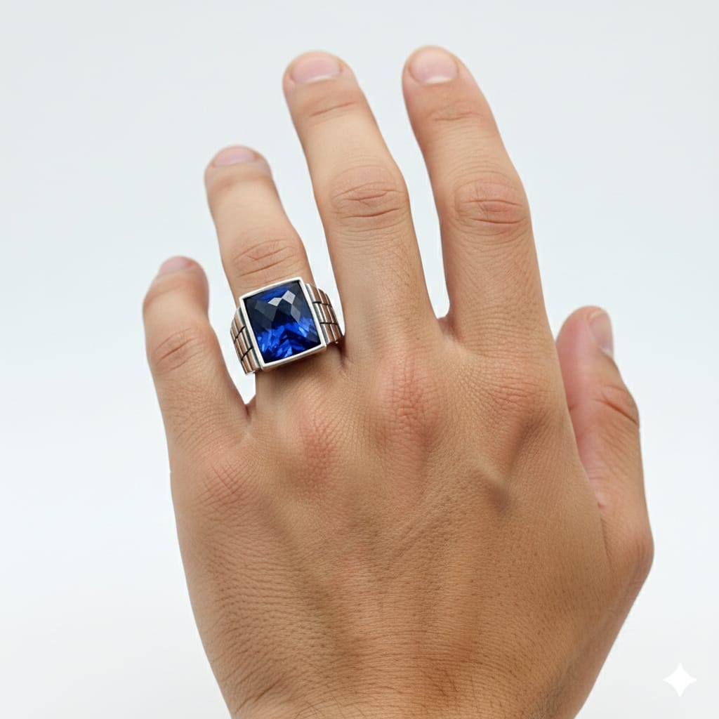 925 Silver Brick Blue Stone Ring
