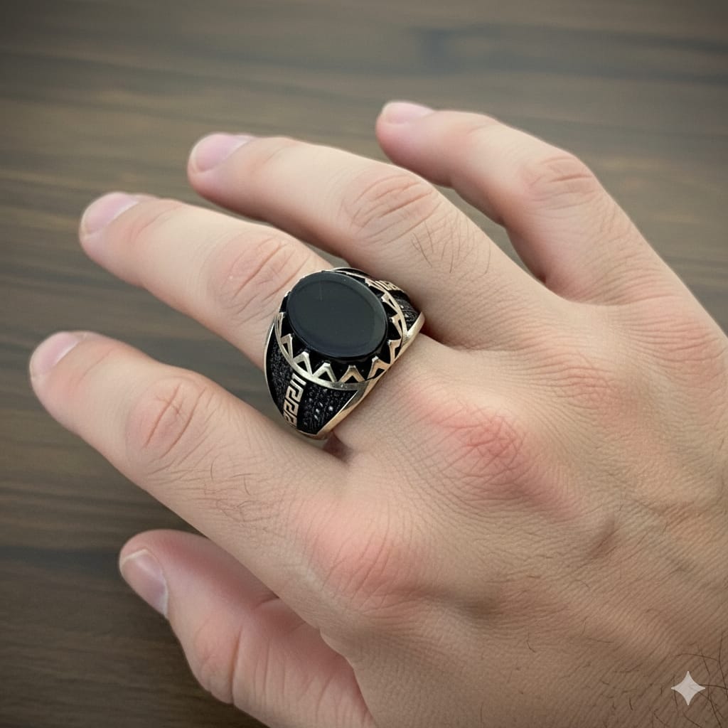 925 Silver Maze Black Stone Ring