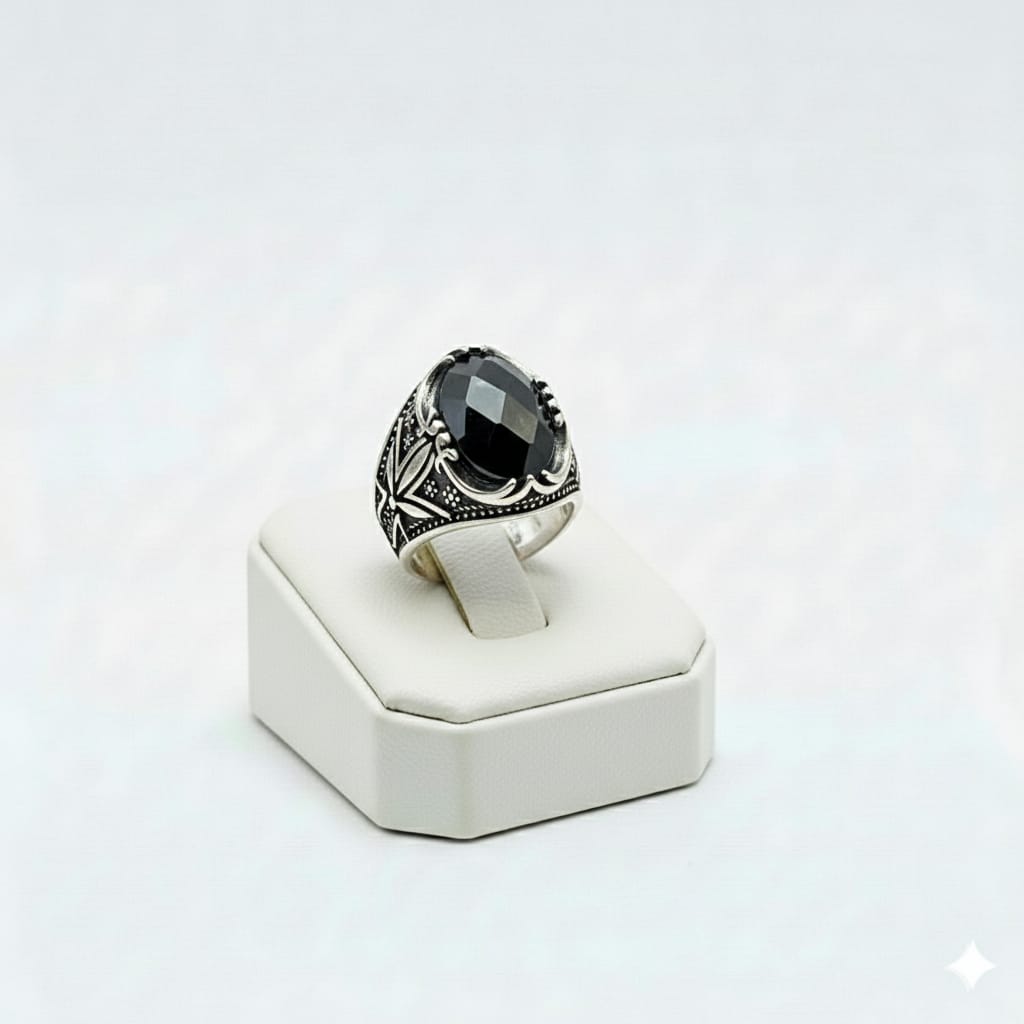 925 Silver Flower Black Stone Ring