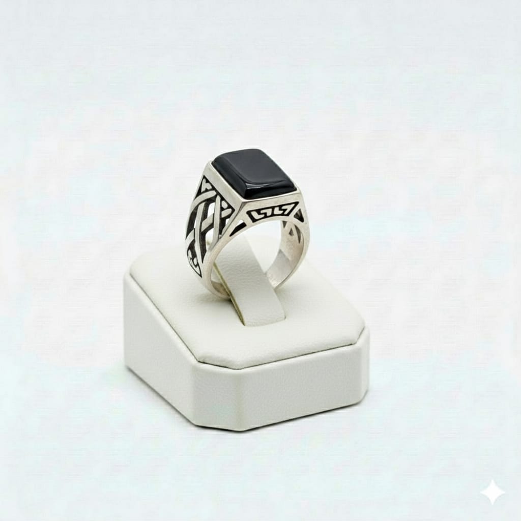 925 Silver Cut Black Stone Ring