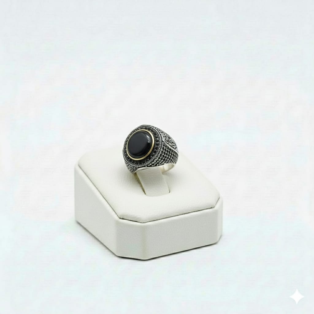 925 Silver Round Black Stone Ring