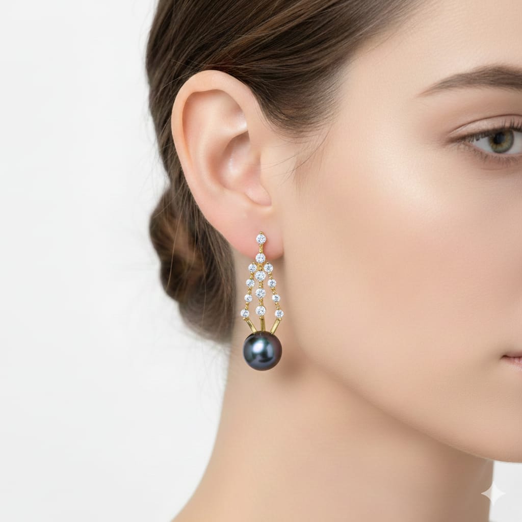 Earring with a black pearl and diamond-like stones worn by a model on a white background