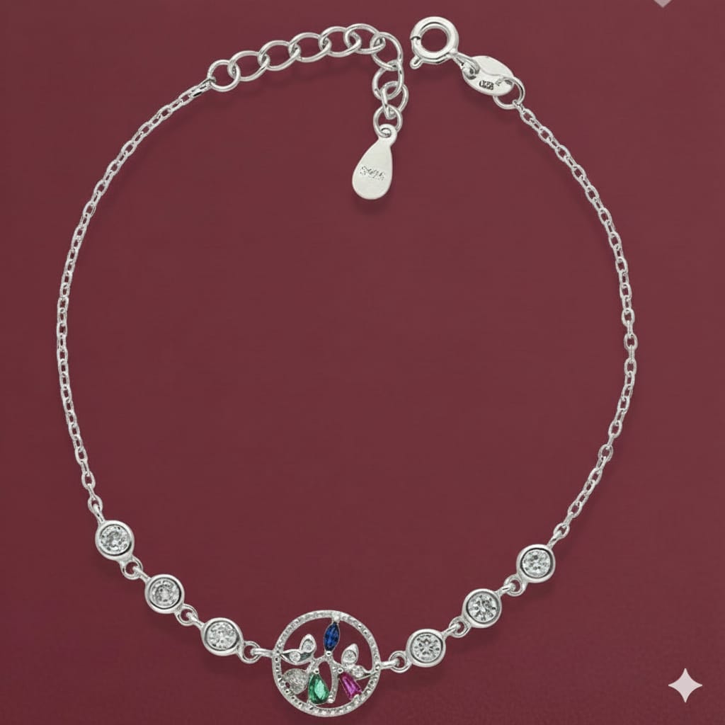 Silver bracelet with a family charm on a red background