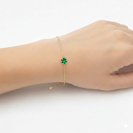 18K Real Gold Single Green Zircon Stone Bracelet
