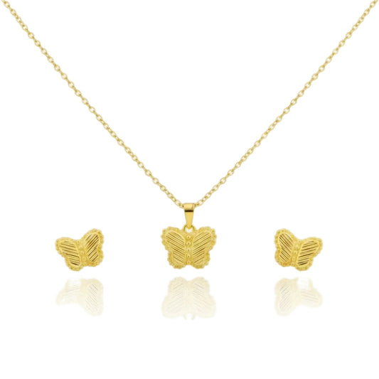 18K Real Gold Butterfly Field Necklace And Earring Set