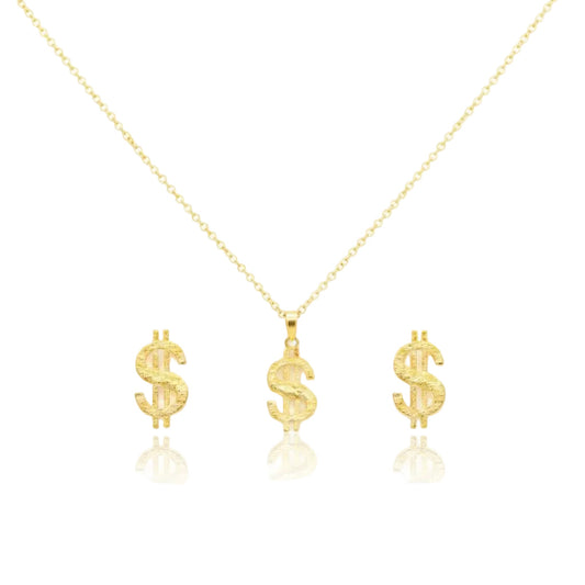 18K Real Gold Dollar Style Necklace And Earring Set